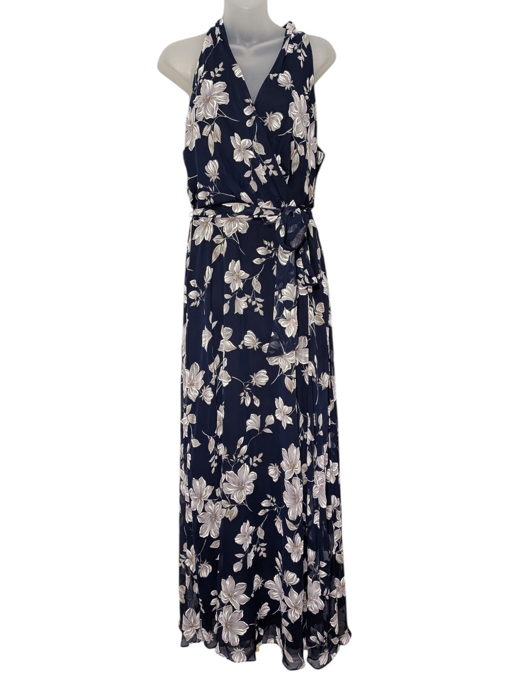 Leslie Fay Size 14 Navy and White Floral Faux-Wrap Sleeveless Belted Maxi Dress